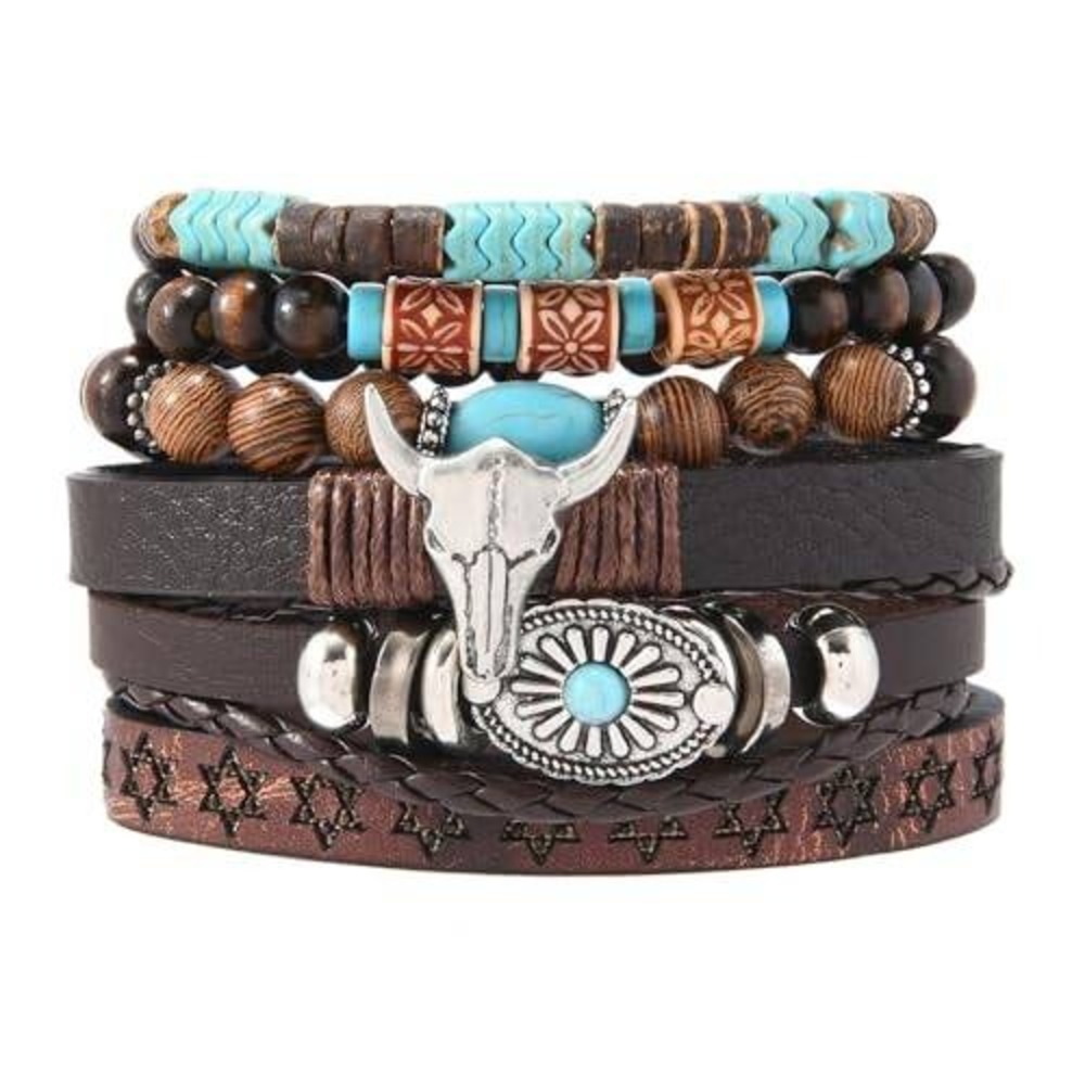 Mens Leather Bull Skull Bracelet Set Turquoise Wood Bead Western Boho Stackable